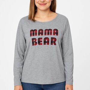 Mama Bear X-Large Gray Cotton Blend Long Sleeve Shirt Red Buffalo Plaid Graphic